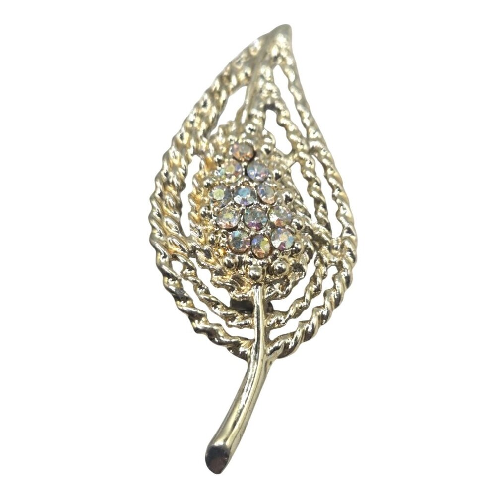 Vintage Silver Tone Twist Design   Aurora Borealis Rhinestone Leaf Brooch